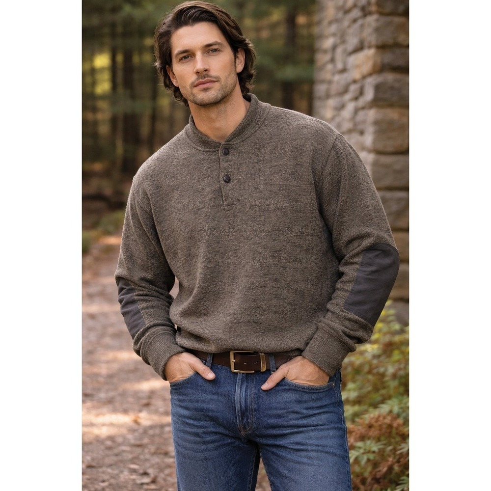 Cabelas Wool Blend Sweater‎ Mens Large Brown Henley Outdoor USA Made